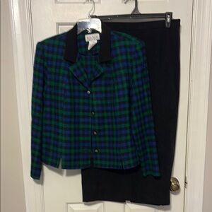 Elegant Green and Blue Plaid Skirt Set